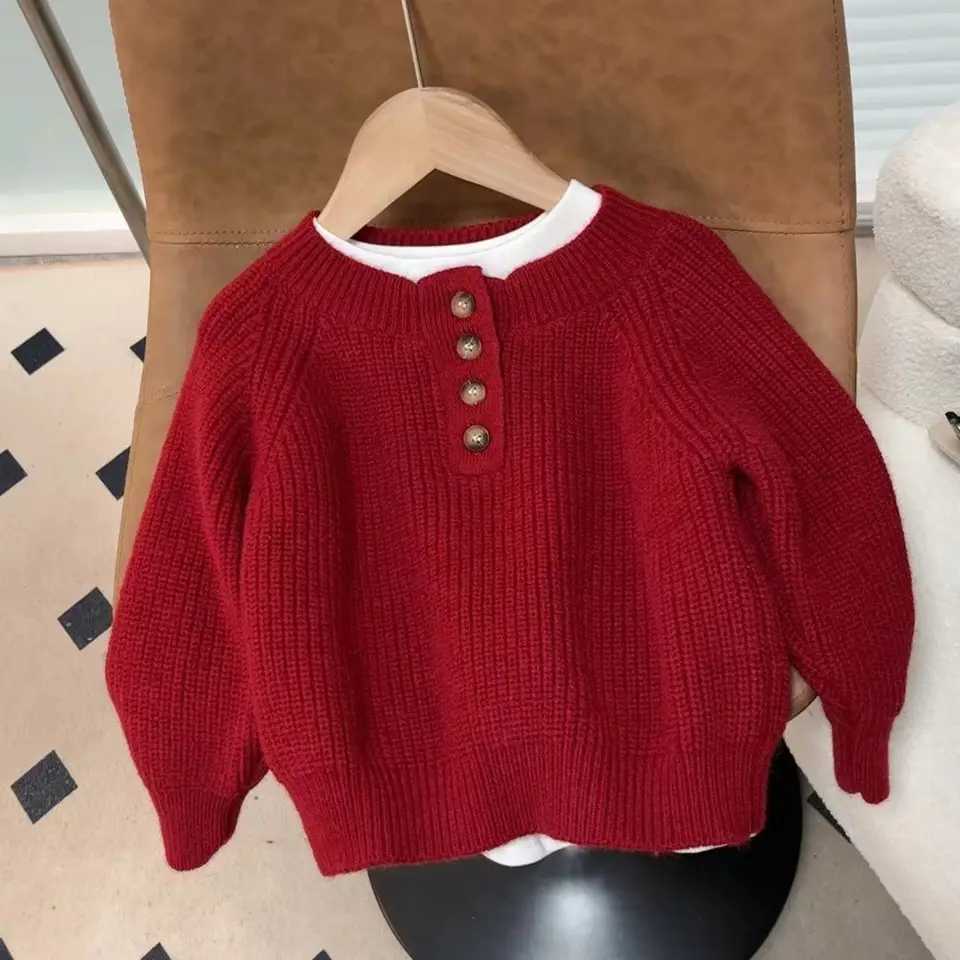2024 Autumn Winter Sweater New Childrens Red Childrens 0-neck Korean Long sleeved Knitted Solid Color Top W241205
