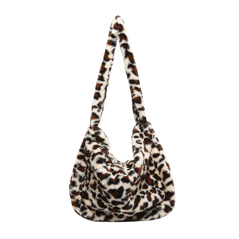 Large capacity leopard womens shoulder bag faux fur messenger bag womens plush homeless cross body retro fashion womens handbag 241205