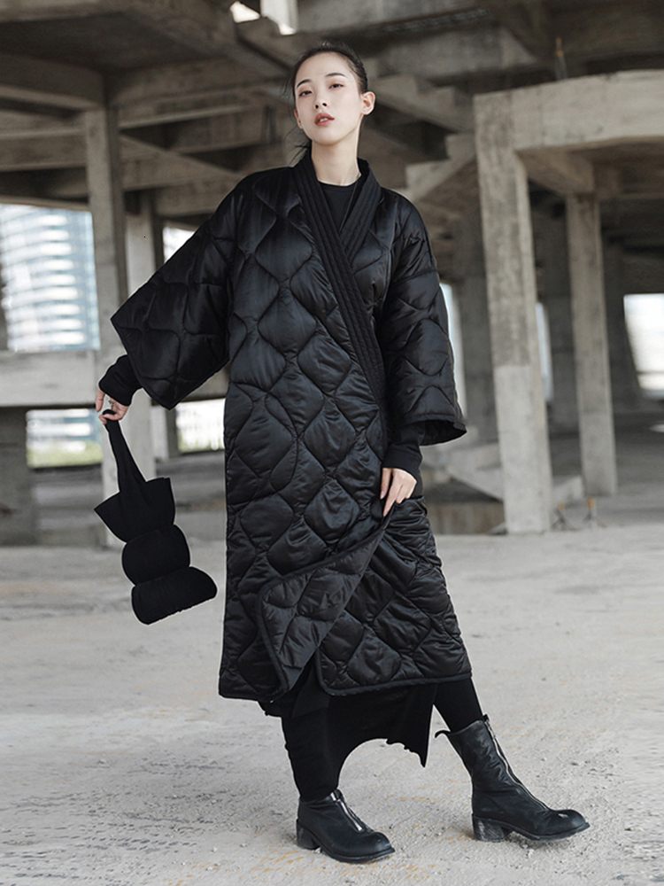 Bandage Big Size Long Cotton-Padded Coat V-Collar Three-Quarter Sleeve Women Parkas Fashion New Autumn Winter
