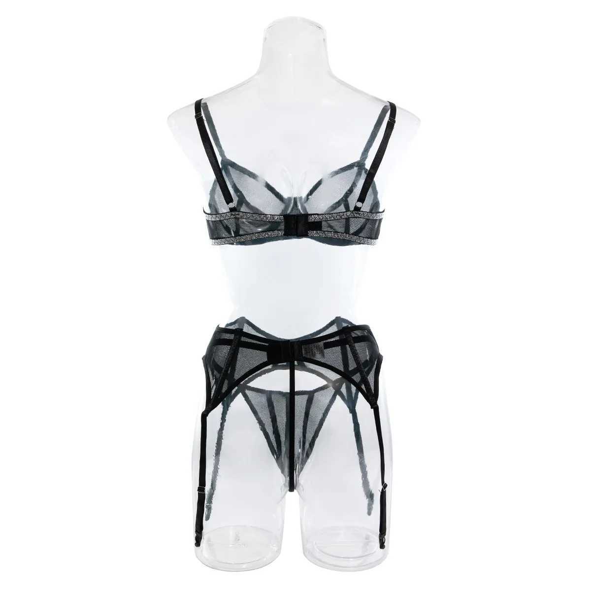 Women Glitter Shimmer Silver Bra Brief Suits Fashion Transparent Mesh Intimate Lingerie Outfit Erotic Sexy 3 Pieces UnderwearXJ241205