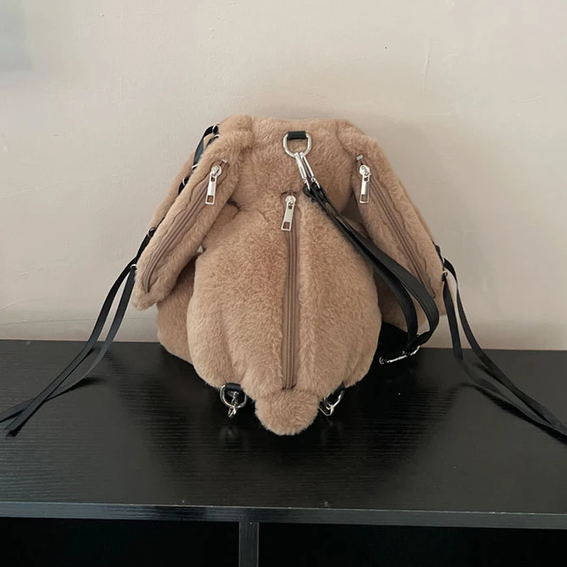 Cute rabbit backpack made of artificial fur suitable for women er handbags and wallets 2024 fashionable plush lace shoulder straps 241205