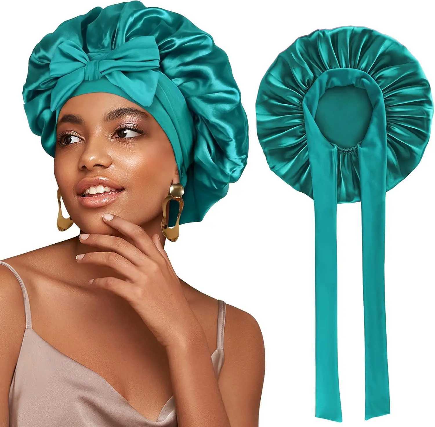 Large Silk Bonnet Satin Bonnets for Women Silky Sleep C with Tie Band Braid Bonnet for Sleeping Curly Hair Silk Hair WrXJ241205