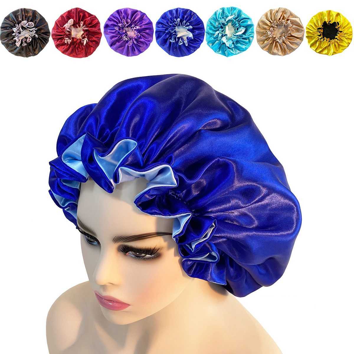 1PCS New Women Big Size Beauty Satin Lined Bonnet Women Beauty Satin Silk Bonnet Sleep C Hat For Curly Springy Hair BlackXJ241205
