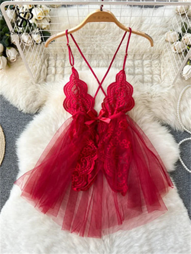 SINGREINY Sensual Shapewear Lace Lingerie Nightwear Women V-Neck Open crotch Slim Pajamas Summer Sheer Mesh Short Night Dress 241205