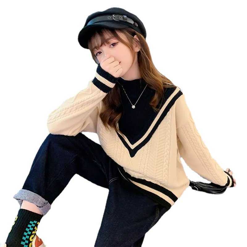 Girls sweater autumn/winter chiffon thick plush childrens knitting 2024 new girl high neck baby clothing 5 10 7 12 years old W241205