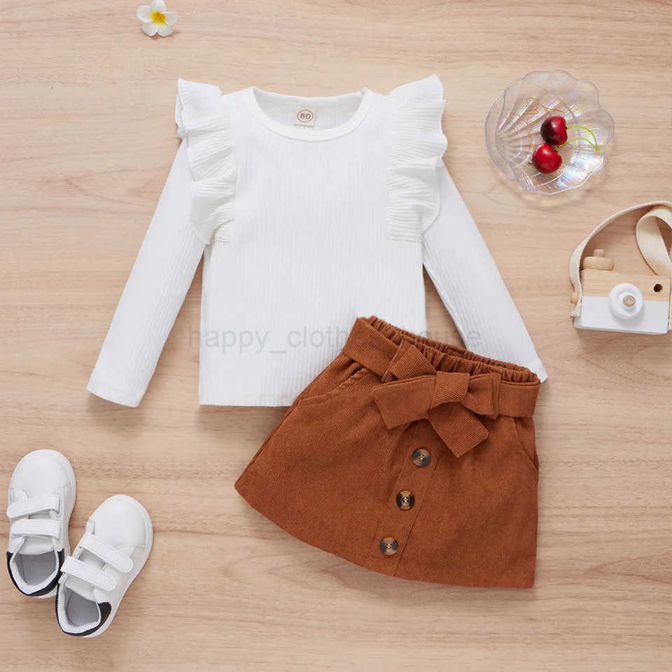 LAPA Cute Fashion Girls Skirt Suit Two-piece Set Baby Girls Solid Ruffle Long Sleeve Top+Corduroy Skirt Autumn New Kids SuitXJ241205