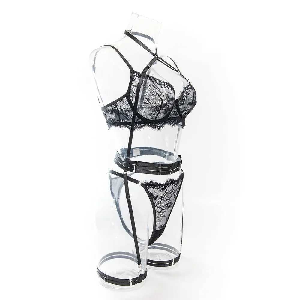 Women Sexy Transparent Lace Underwear Sets Fashion Cross Halter Lingerie Push Up Bodycon 4 Pieces Erotic Bra Brief SuitXJ241205