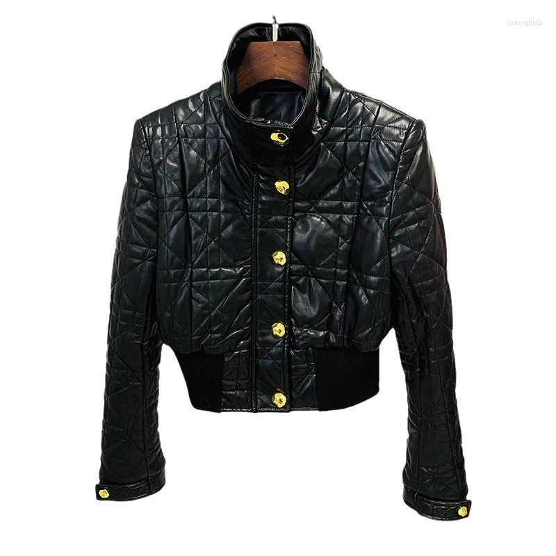 Womens Jackets Classic Gold Buttons Black Leather Jacket Women Motorcycle Lapel Long Sleeves In Outwears Ladies Slim Short Coats