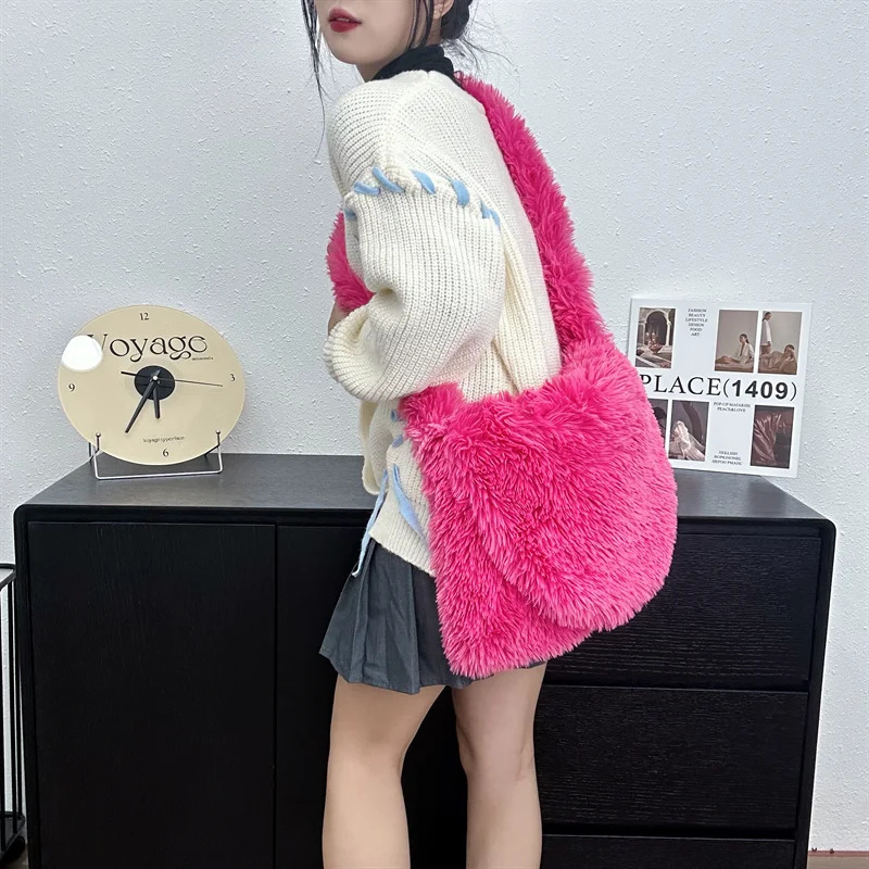 Winter Artificial Fur Womens Handbag Plush Handbag er Plush Shoulder Bag Womens Fur Cross Bag 241205