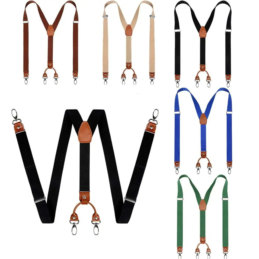 Cowhide Leather Suspenders 25cm Width 4 Hooks MenWomen Suspender Y Back Adjustable Retro Elastic Trouser Braces 241122