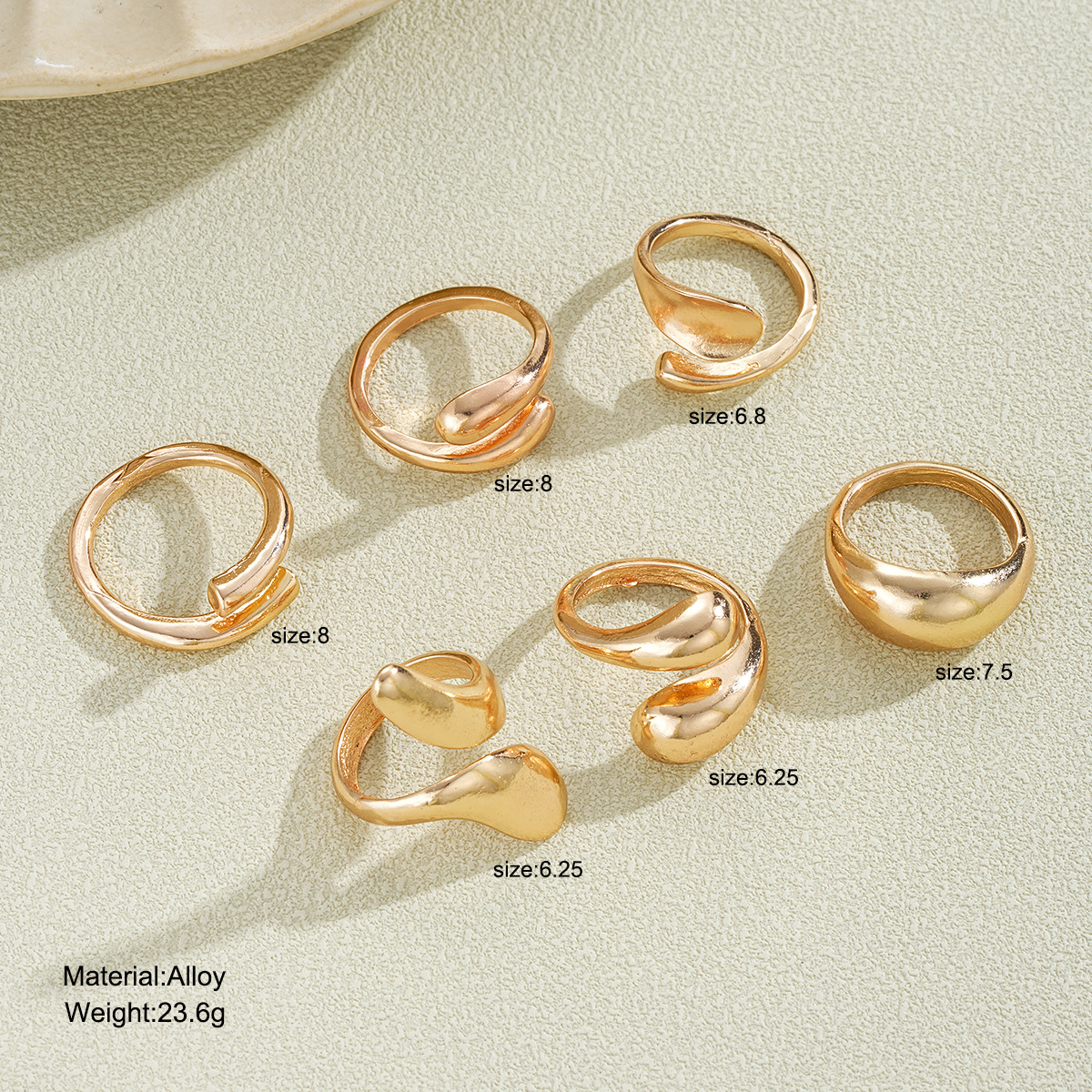 Explosive irregular droplet ring, niche metal texture smooth ring, exaggerated geometric opening ring, 6-piece set