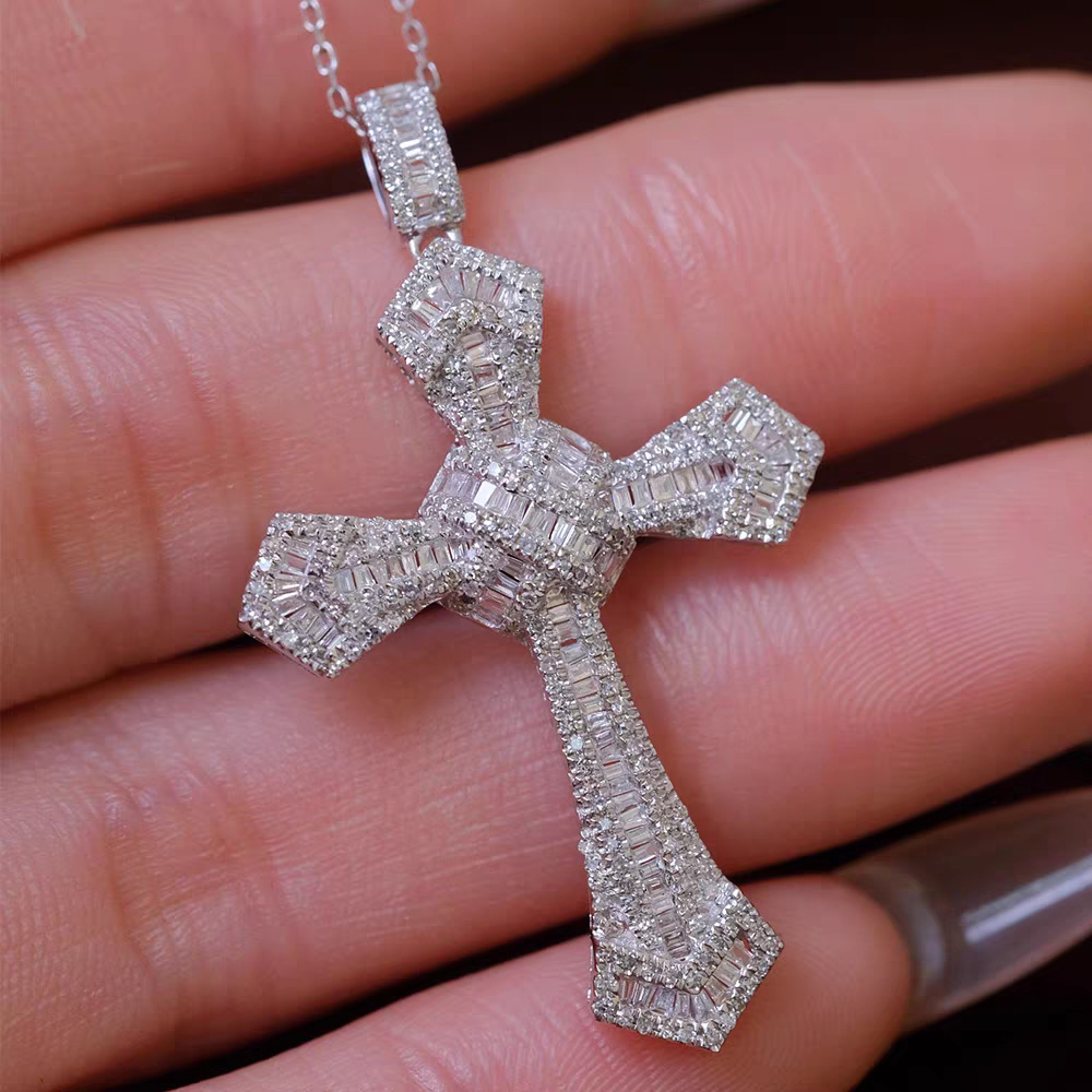 Rulalei Brand Cross Pendant Hip Hop Jewelry Sterling Sier Gold Fill Princess Cut White 5A Cubic Zircon CZ Dia Women Wedding Clavicle Necklace Gift