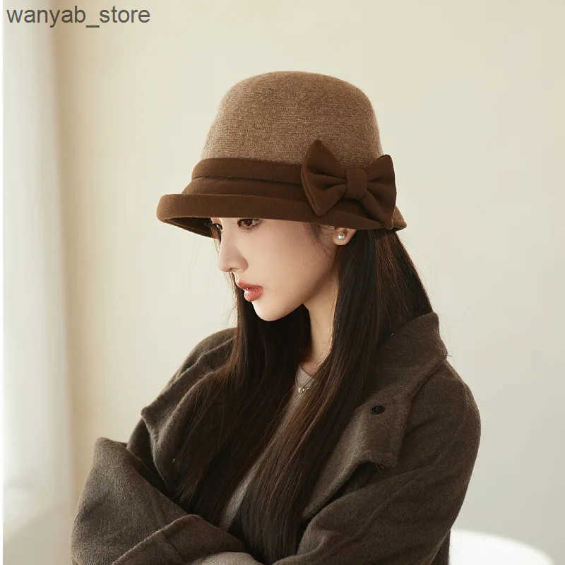 Cloches Autumn wool tweed warm soft windproof womens hat French retro bucket hat felt hat tweed fishermans hat L240910
