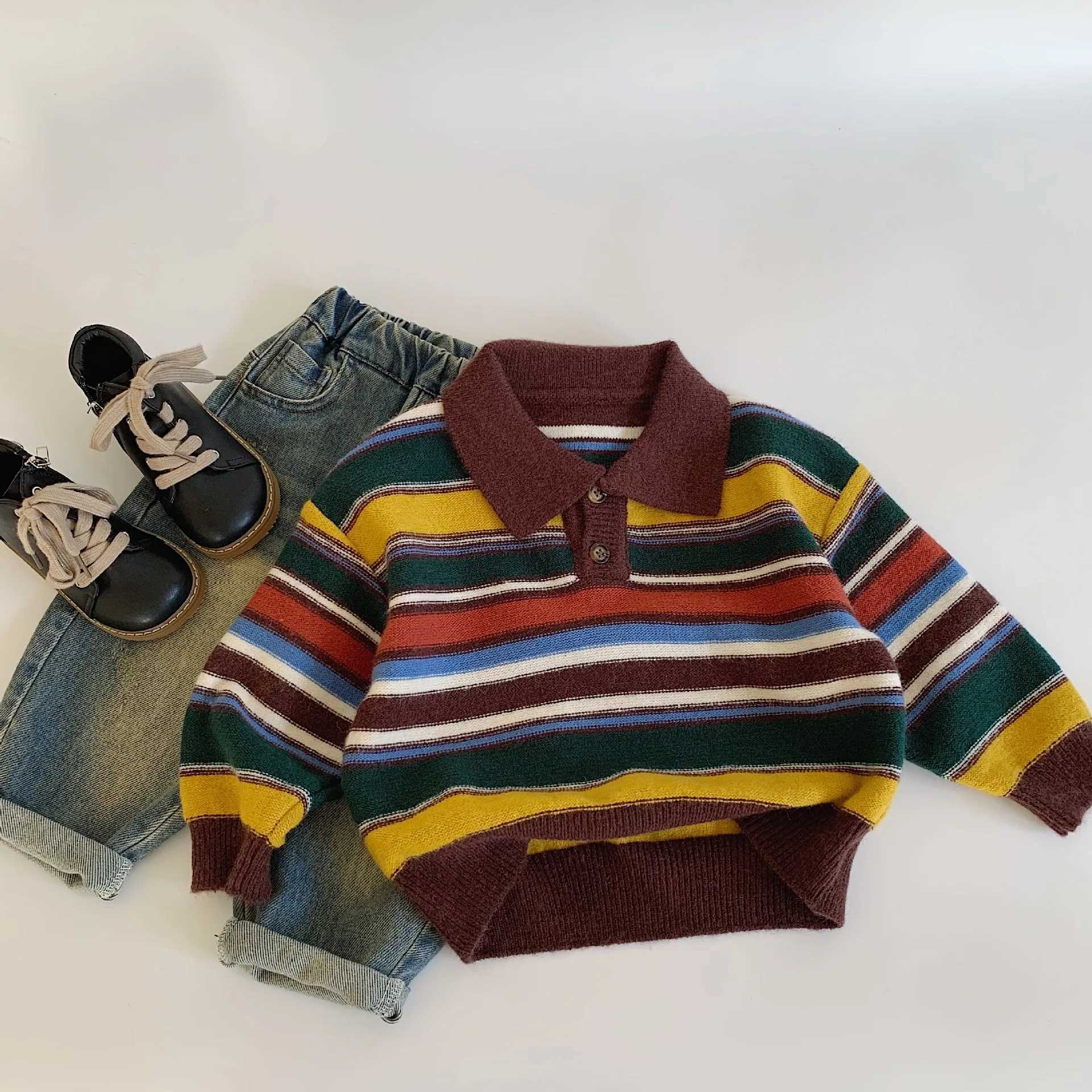 Childrens clothing childrens sweaters 2024 autumn new color striped sweaters loose long sleeved fashionable sweaters for boys and girls W241205