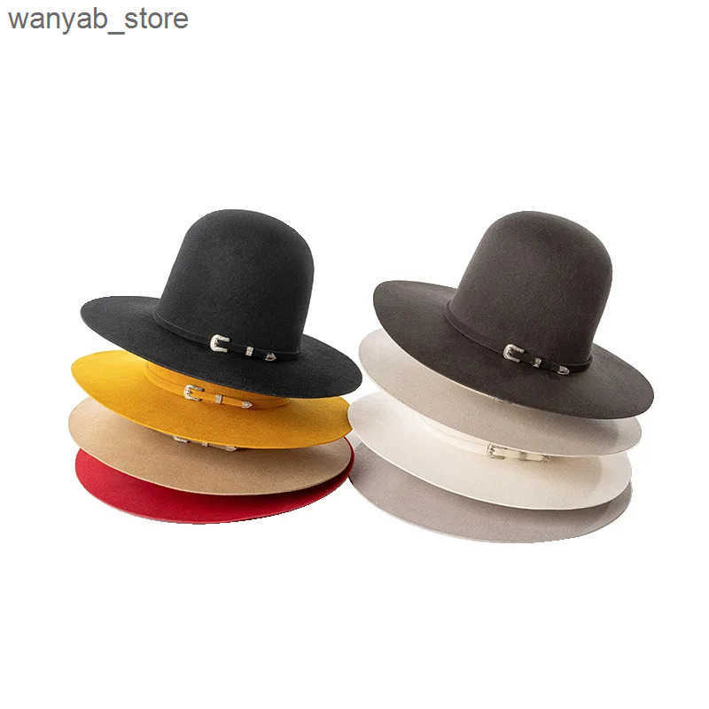 Cloches 2024 New Wide Brim High Open Crown Womens Fedora Walkway Wool Felt Hat Winter Fashion Box Packaging L240910