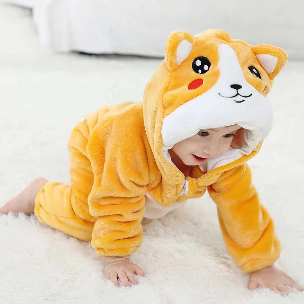 Pajamas Nowborn Clothes Winter Kids Kigurumi Pajamas Baby Zipper Hooded Rompers Children Boys Girls Cute Flannel Jumpsuits Overalls H241205