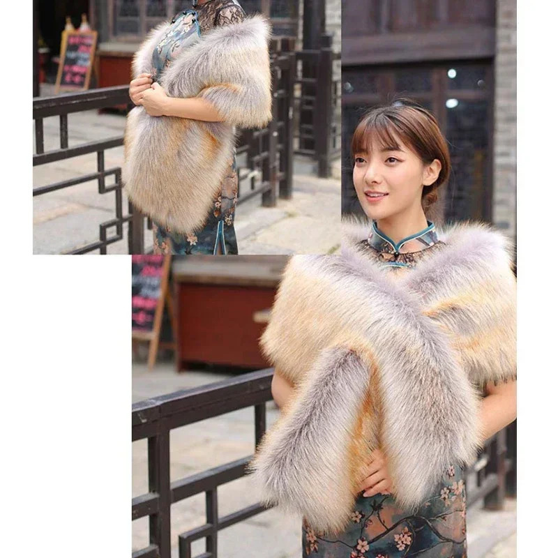 Autumn and Winter Warm Cheongsam Shawl Neck Warm Fur Shawl Stage Performance Plush Wide Shawl Party Accessories 241205
