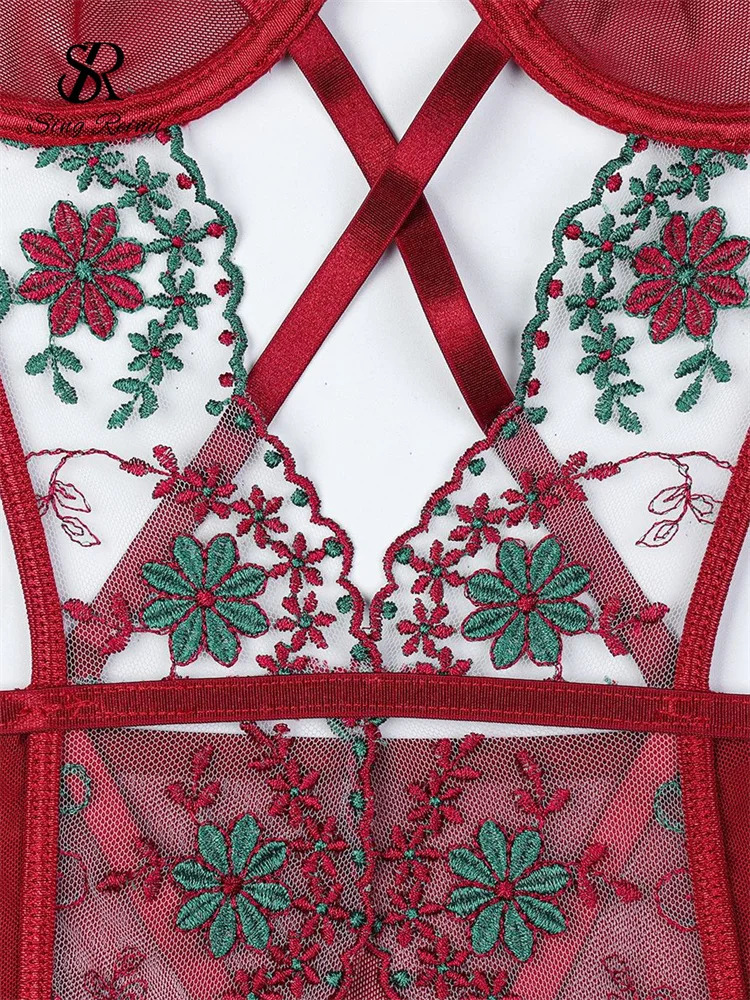 SINGREINY Hollow Out Sheer Camis Sexy Bodysuits Female Gauze Spliced Short Playsuits Women Fashion Embroidery Erotic Rompers 241205