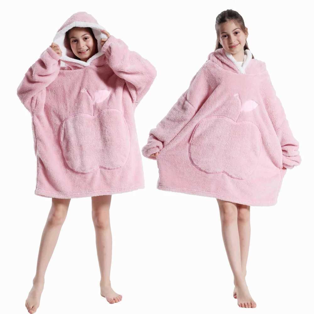Pajamas Winter Kids Clothes Girl Hoodies Oversized Sherpa Blankets with Sleeves Boys Solid Flannel Sweatshirts Warm Soft Children Coats H241205