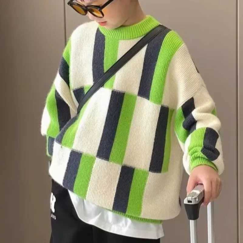 Boys Sweater 2024 Spring/Summer New Sled Medium Large Childrens Knitted Top Casual Crew Collar Korean Retro Jacket W241205