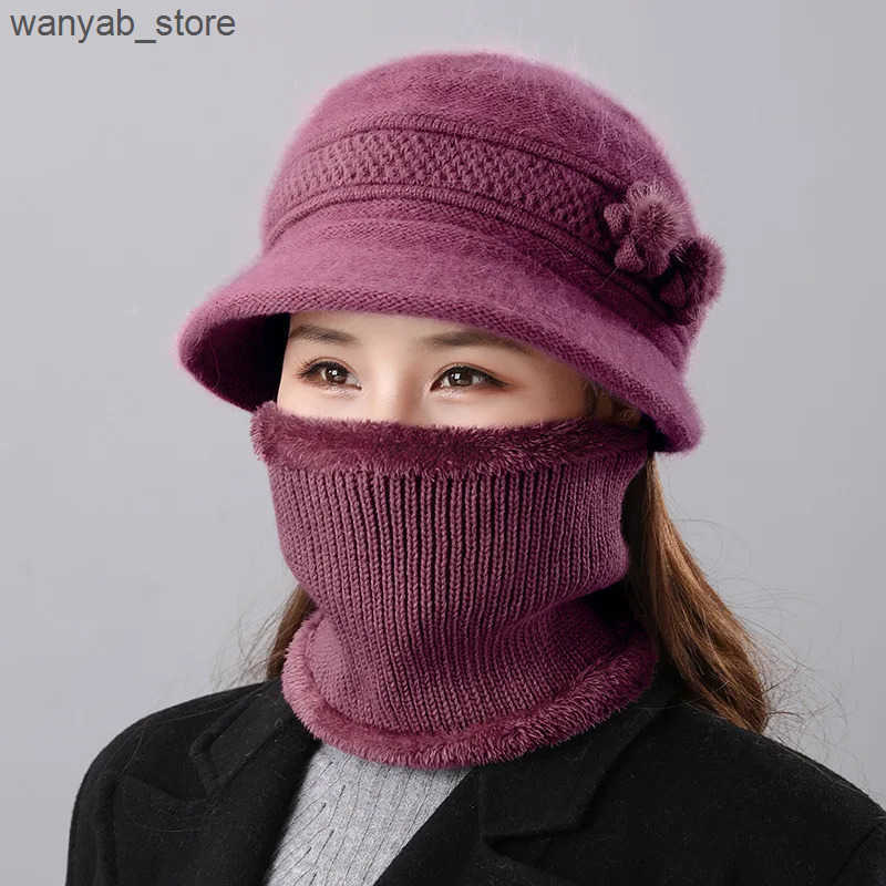 Cloches Warm rabbit fur hat for middle-aged and elderly mothers autumn and winter womens scarves two sets of old womens winter pot hats L240910