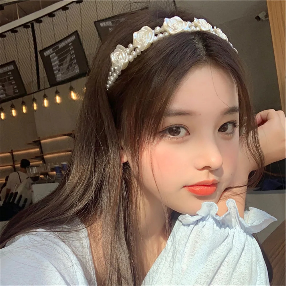 Elegant Big White Pearl Headbands for Women Girl Handmade Simple Rose Flower Hairbands Wave Retro Hairhoop Headdress Accessories 241122