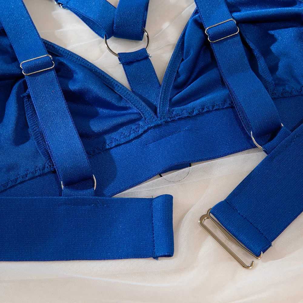 3 Piece Sexy Body Harness Belt Lingeries Sets Exotic Hollow Out Metal Chain Garter Belt Latex Underwear Outfit Bra And Panty SetXJ241205