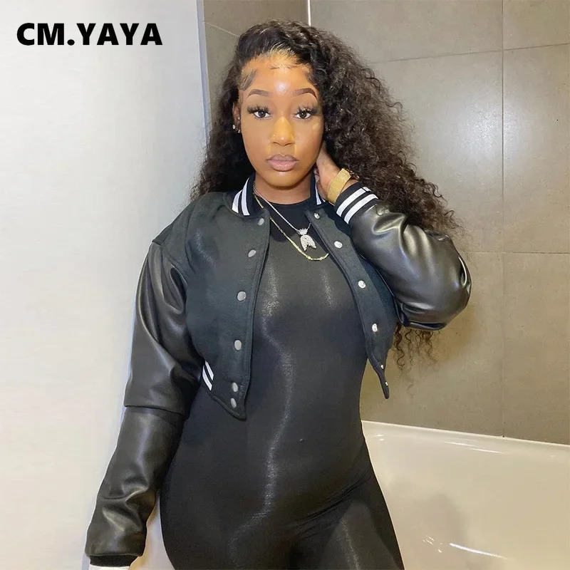 CM.YAYA Women Autumn Winter Long Sleeve Sport Baseball Jacket Coat Fall Streetwear PU Leather Patchwork Jackets Outcoats 241205