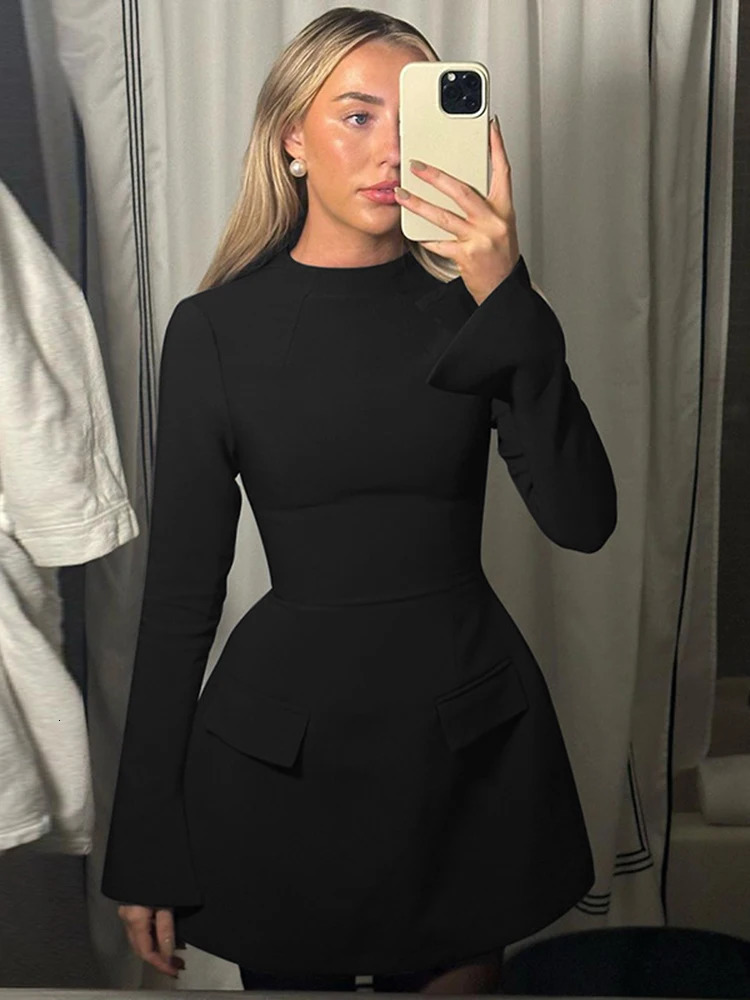 TARUXY Sexy Slim Mini Dress For Women Two Pocket Autumn Winter Long Sleeve A-line Solid Club Party Dress Elegant Female 241205