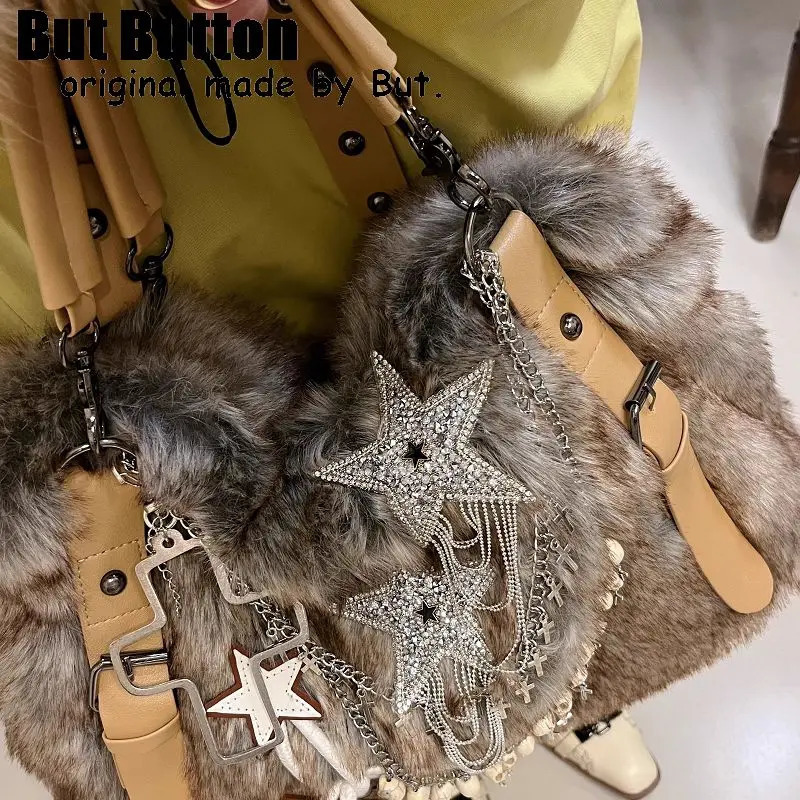 Gothic Lolita Y2K Punk Womens Harajuku Y2K Girls High Capacity Computer Bag Fur Underwear Shining Shoulder Bag Handbag 241205