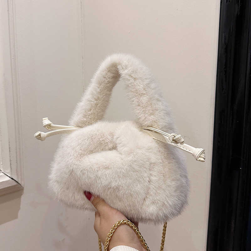 Rabbit Hair Small Bag Autumn and Winter New Item Plush Drawstring Bucket Bag Fashionable Handbag Furry and Stylish Chain Crossbody 241205