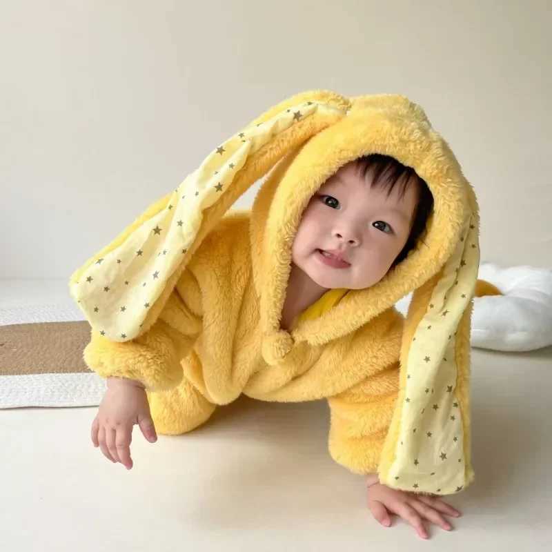 Pajamas Winter Girls Rabbit Romper Slouchy Comfortable Zipper Jumpsuit Cute Hooded Pajamas Baby Boys Plush Homewear Outfits H241205