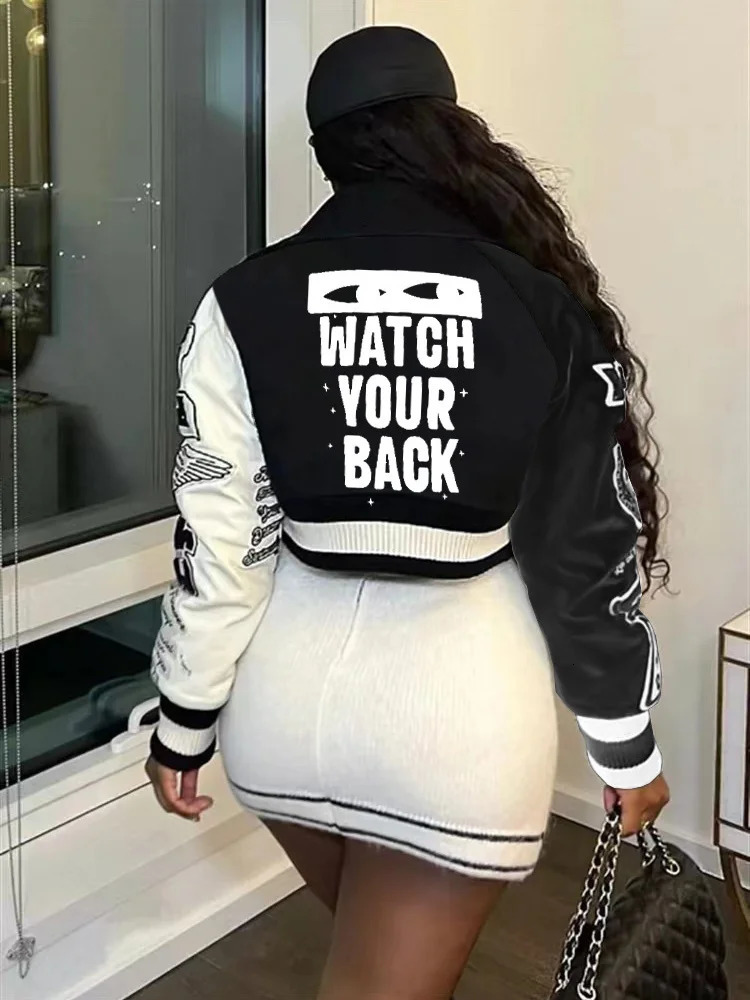 Fashion Baseball Buttons Fall Jackets For Women Crop Tops Jackets Coats Varsity Bomber Long Sleeve Print Green Black Jacket 241205
