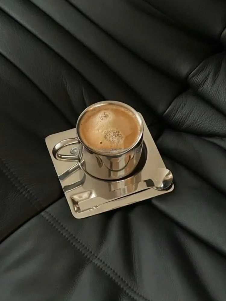 304 stainless steel water cup Nordic design metal coffee cup spoon and plate minimalist coffee set Ins Blogger desktop software X241205
