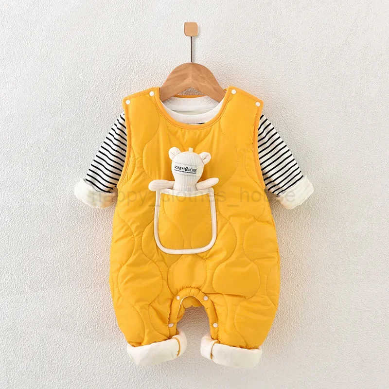 Autumn Winter Baby Boy Girl Rompers Newborn Plush Thick Cotton Set Warm Striped Top+Jumpsuit with Doll 2pcs Casual Baby ClothesXJ241205