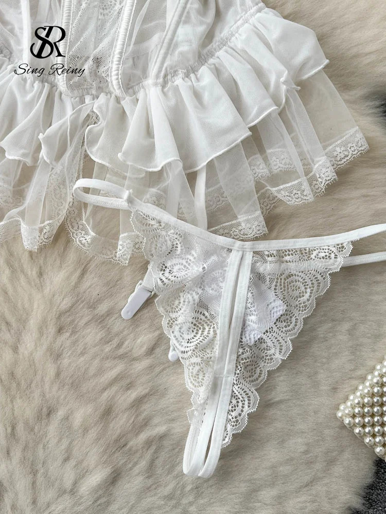 SINGREINY Lace Sexy Underwear Suits Women Ruffles Sheer Camis Mesh Sensual Dress Suits Porno Erotic Open Crotch Slim Pajamas 241205