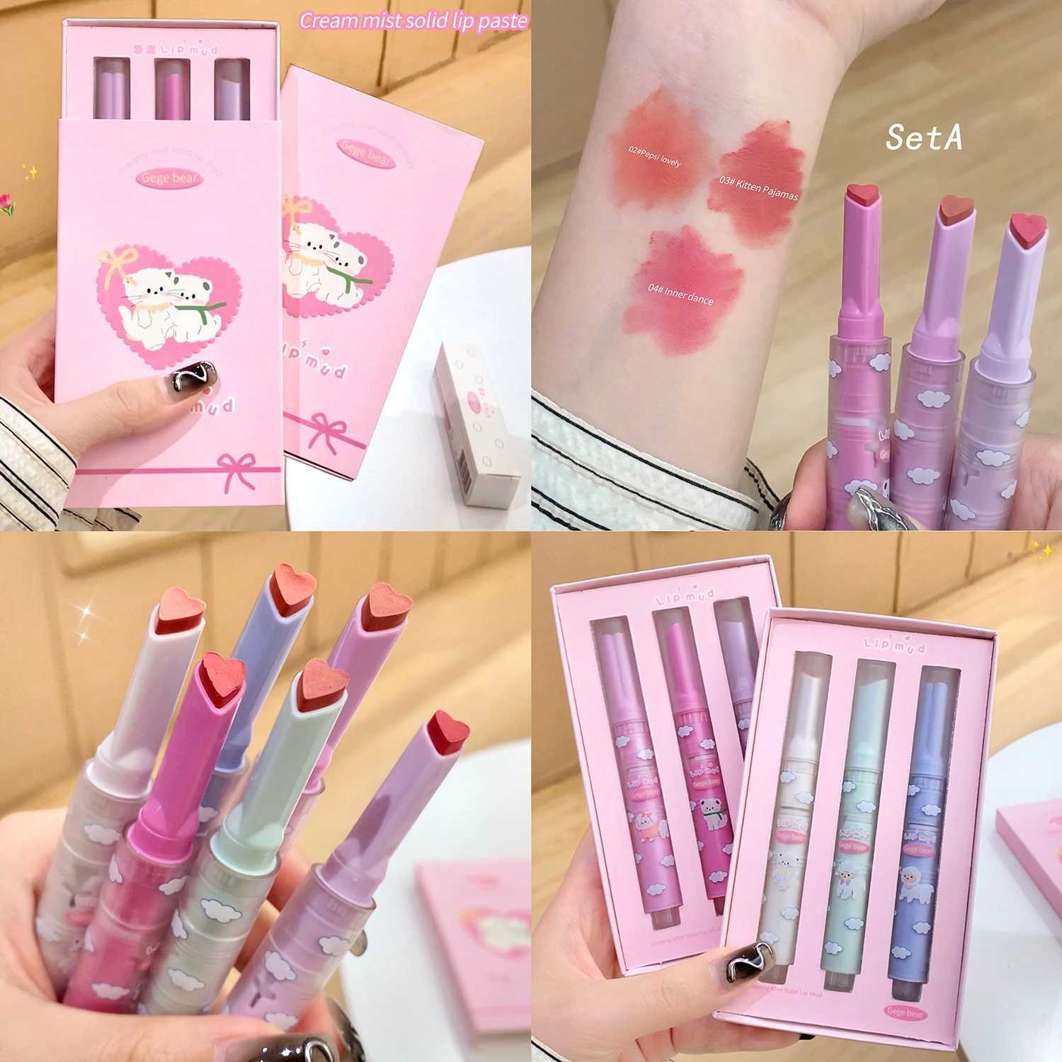 Love Lipstick Gift Box Set Matte Finish Lip Mud Waterproof Long Lasting Non-Stick Cup Cute Makeup Lip Tint Press Pen CosmeticXJ241205