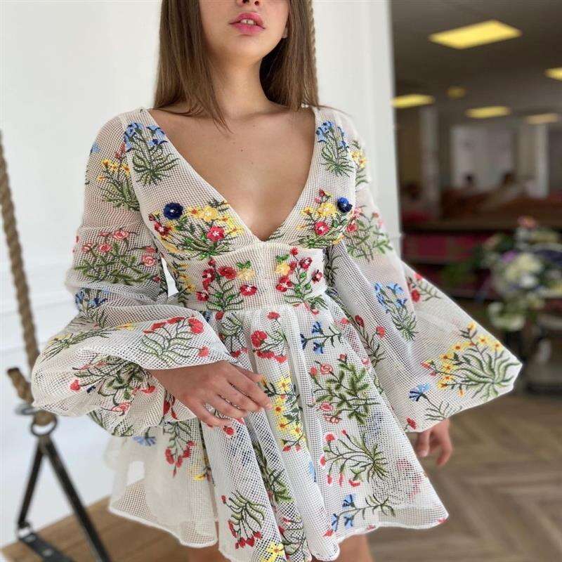 Summer Women's Mesh Embroidery Design Lantern Sleeve Fairy Birthday Party Dress 2024 Versatile New Trendy Clothing Ins