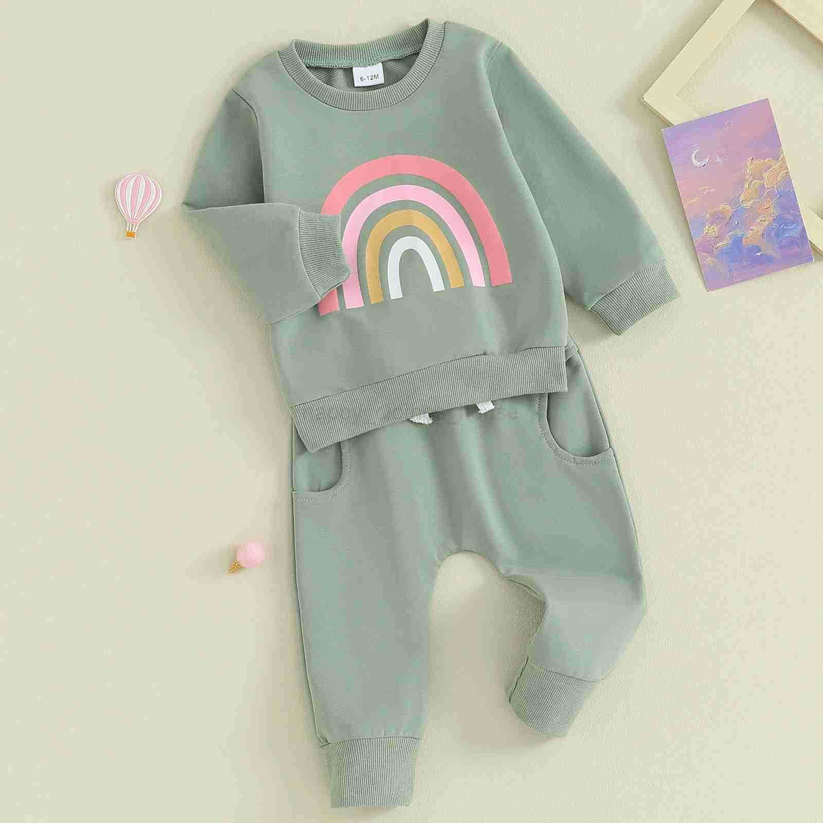 Pudcoco Infant 2PCS Baby Girls Fall Outfits Long Sleeve Rainbow Print Sweatshirt + Pants Set Toddler Clothes 3M-3TXJ241205