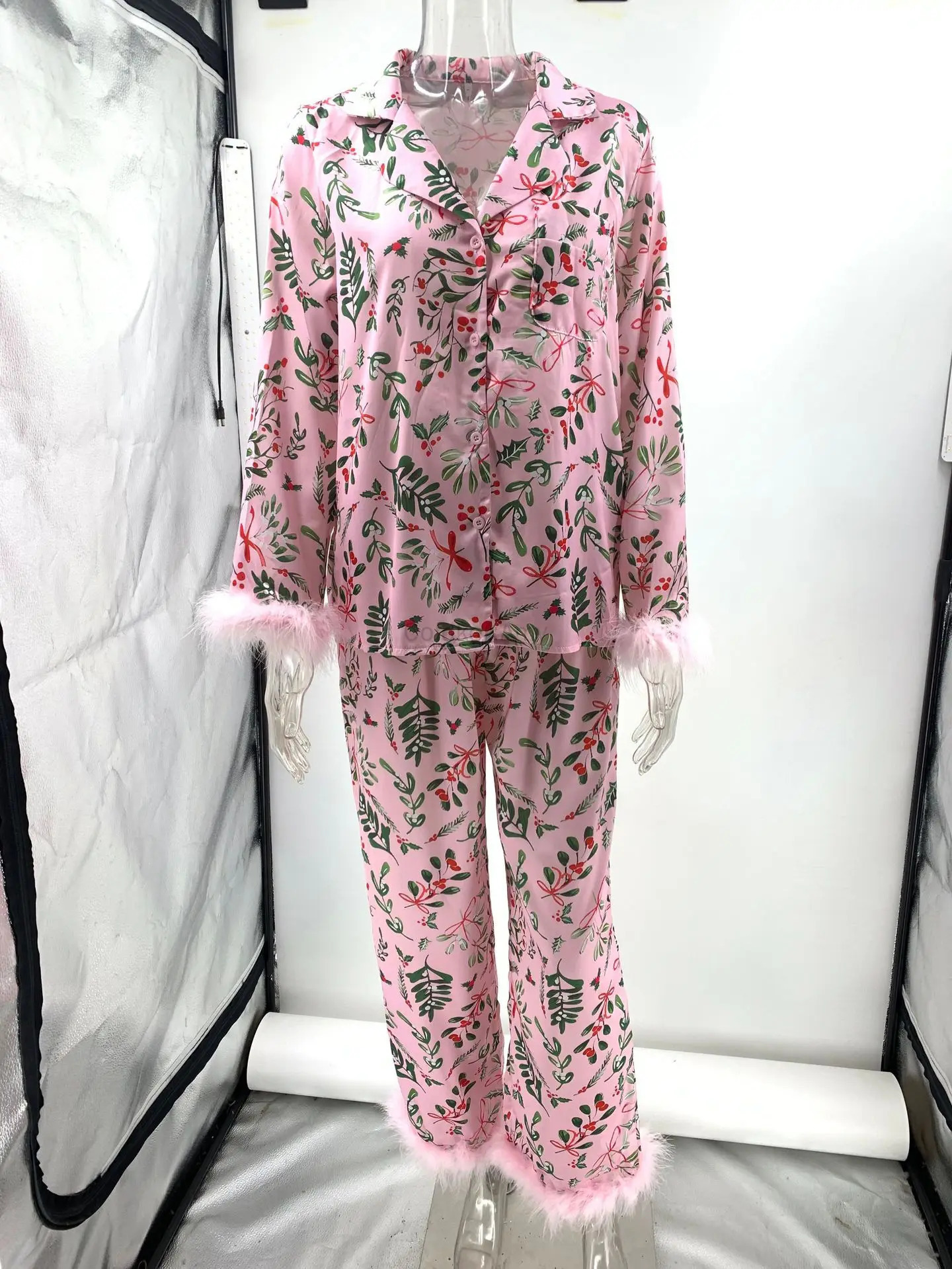 Womens Christmas Pajama Set Long Sleeve Button Down Decorative Shirt Matching Pants 2-piece Lounge Set 241204