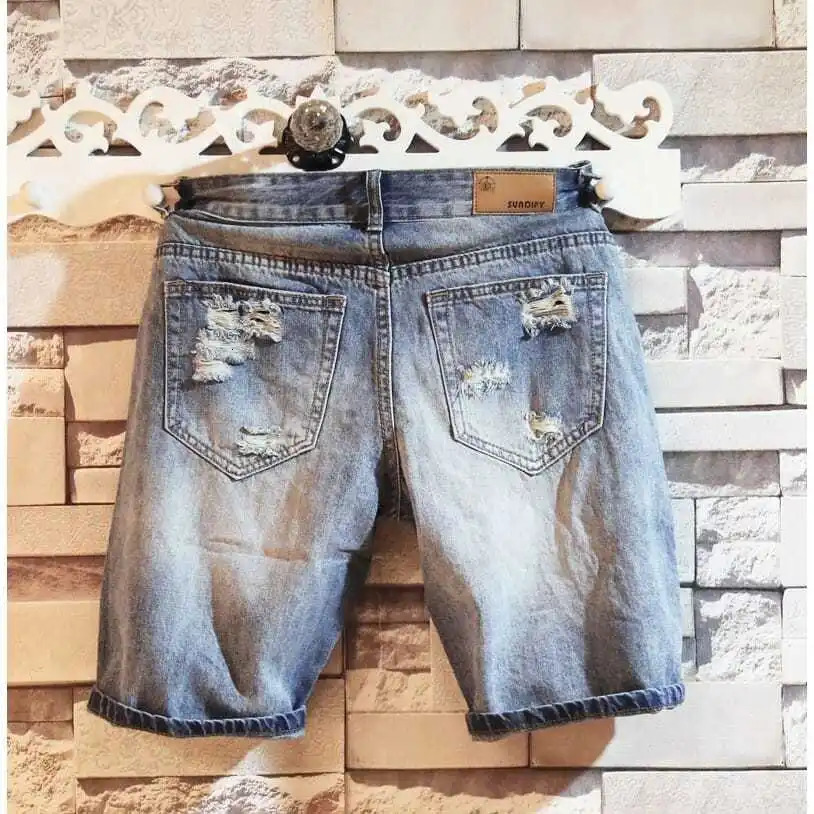 Mens Summer Jeans Fashion Streetwear Cowboy Patch Hole Mens Five Short Jeans Knee-length Casual Denim Shorts 241205