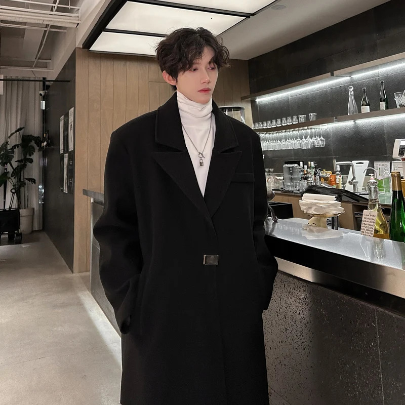 PFHQ Winter Mens Long Wool Coat Trendy Shoulder Cushion Slot Solid Color Long Sleeve Mens Top 21AZ3667 241204