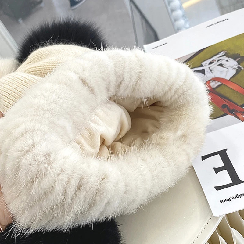 selling winter hats natural mink fur womens knitted hats fox fur fluffy real fur hats warm womens mink fur hats 241205