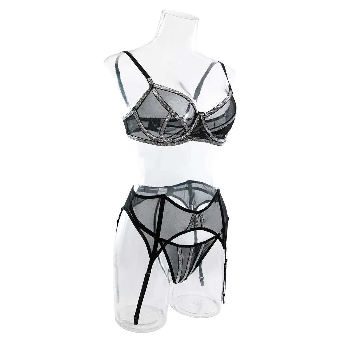 Women Glitter Shimmer Silver Bra Brief Suits Fashion Transparent Mesh Intimate Lingerie Outfit Erotic Sexy 3 Pieces UnderwearXJ241205