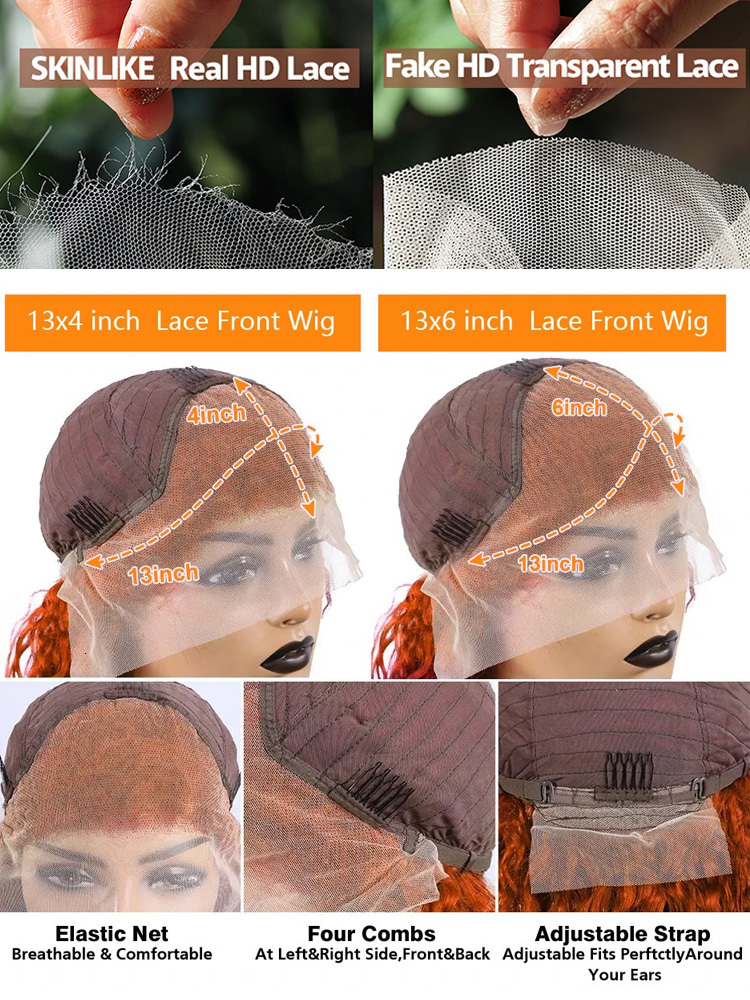 200 Density 350 Ginger Deep 30 32 40 Inch 13X4 Front Wig Orange Curly 13X6 Human Hair Lace Frontal Wigs Water Wave HD