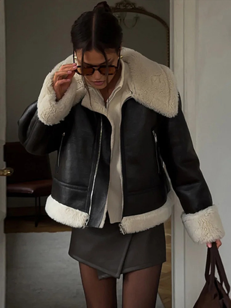 Casual Fur Pu Jacket Womens Loose Collar Zipper Long Sleeve Warm Jacket Womens Winter High Street Leather Jacket Womens 241205