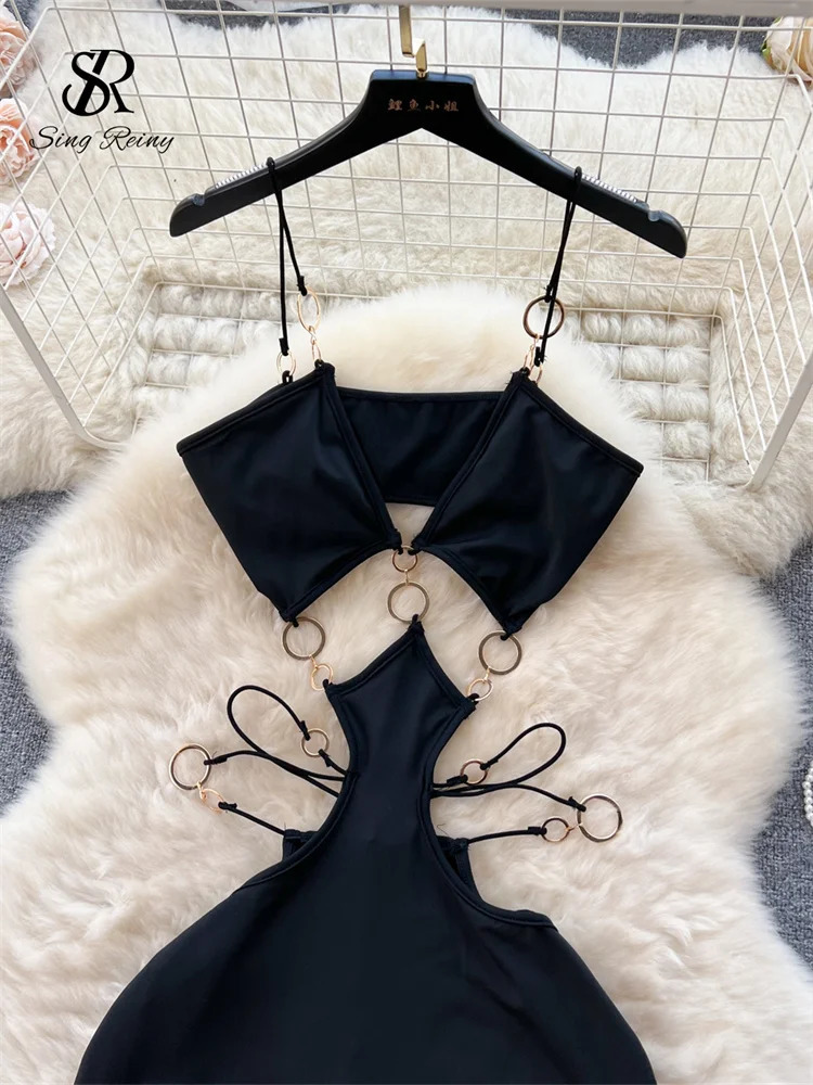 SINGREINY Sensual Hollow Out Long Dress Fashion Cross Halter Sheath Camis Dress 2024 Women Streetwear Solid Backless Sexy Dress 241205