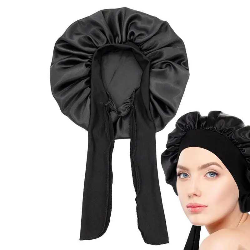 Black Silk Hair Wr Hair Sleep Cover Night Sleep Bonnets With Tie Bands For Women Curly Hair Long Hair Long Curly HairXJ241205