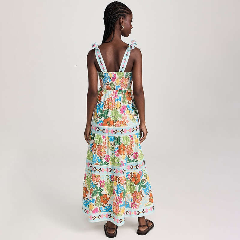 Summer European and American Sleeveless, Collarless, High Waist Plant Printed Women's Large Swing Strap Dress 2024 New Casual Fashion Trendy Clot