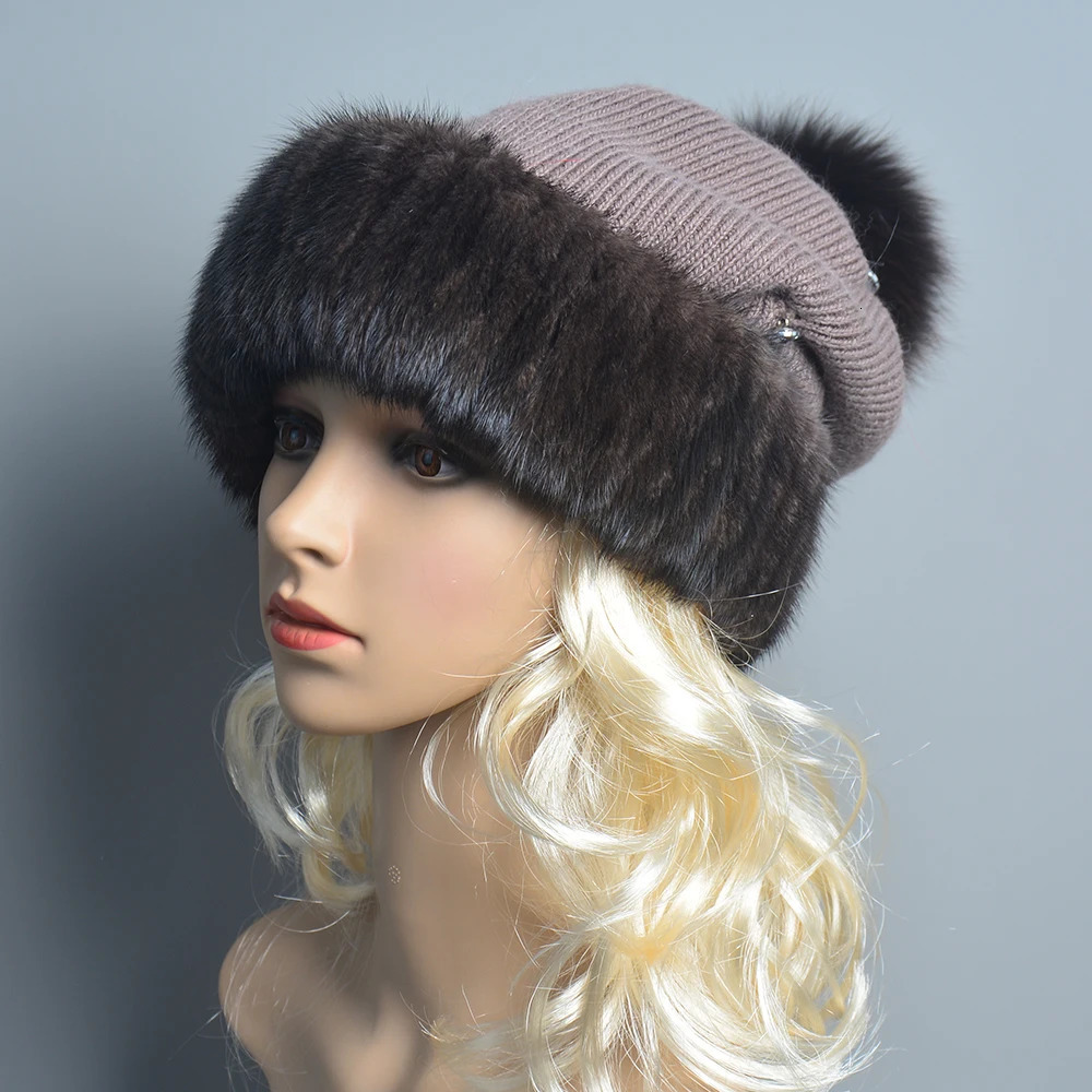 High quality womens winter knitted wool Berend patch work real mink hat natural fox fur Pom Beanie womens fashion 241205